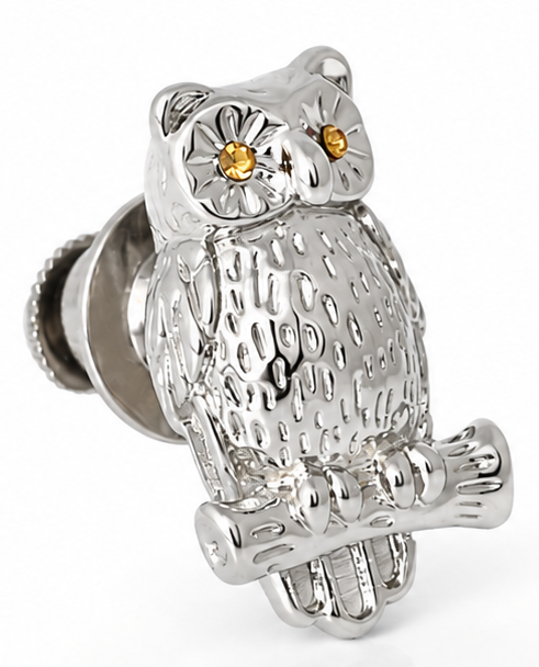 THOMPSON Owl Pin in palladium-plated with Orange Swarovski Crystal