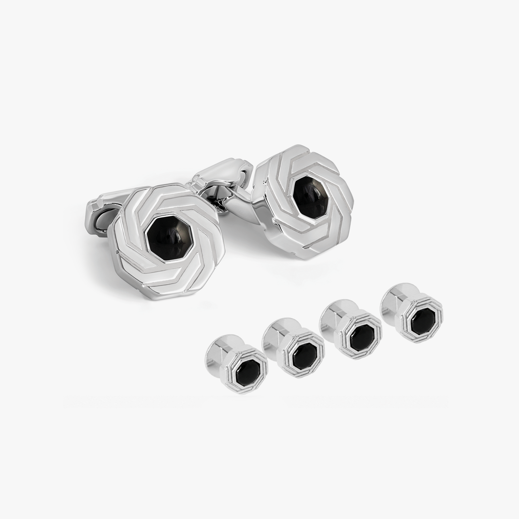 Thompson Octagon Insignia Cufflink and Stud set in Palladium Plated with Onyx