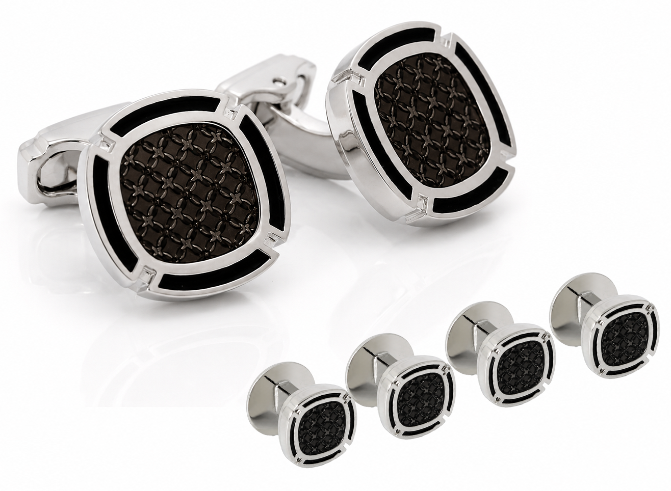 THOMPSON Cushion Enamel Cufflink and Stud set in Black
