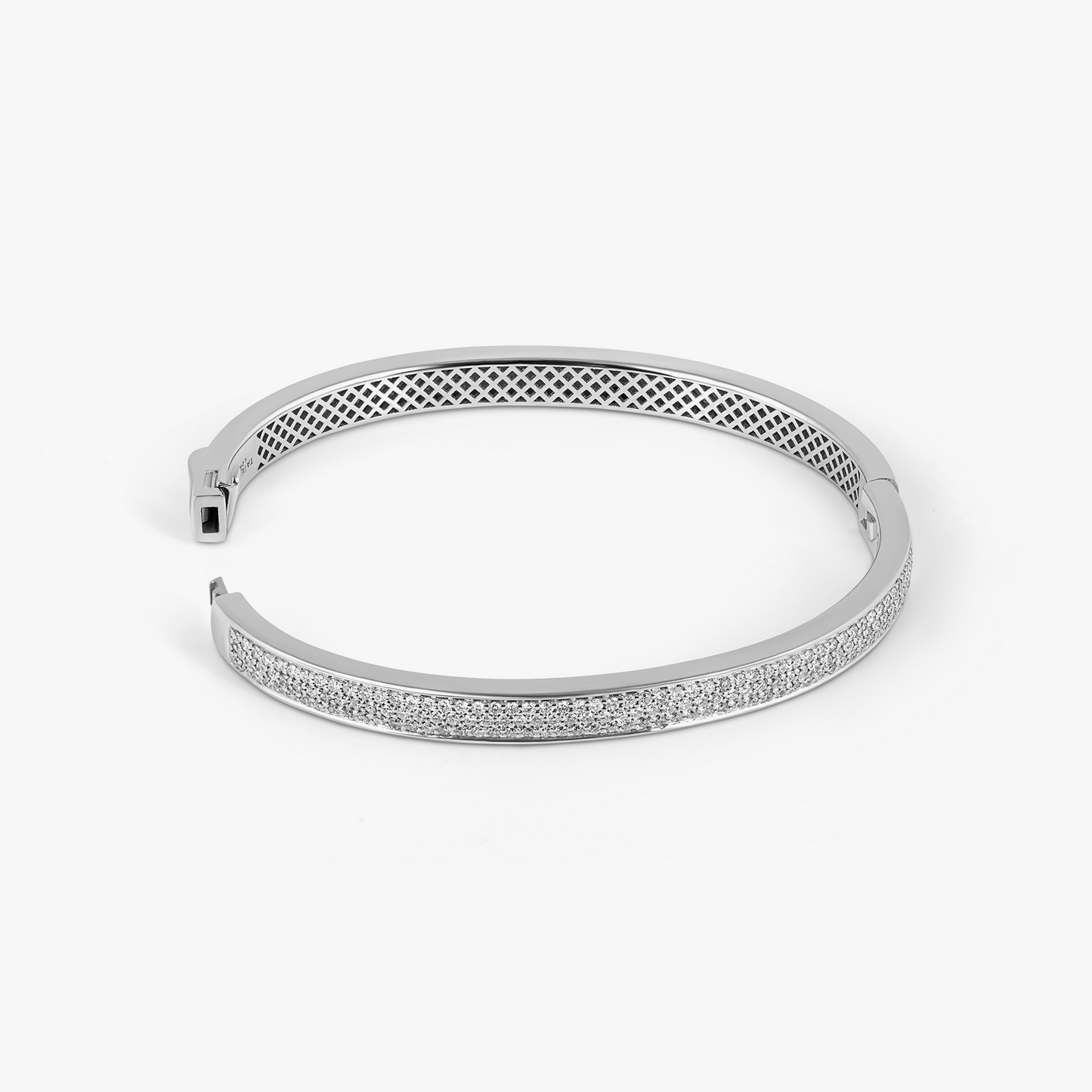 Buckingham Hinge Cuff Bangle in Rhodium Plated Silver with White Diamonds