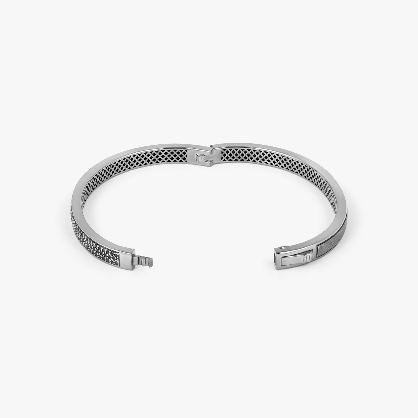 Buckingham Hinge Cuff Bangle in Rhodium Silver with Black Diamond