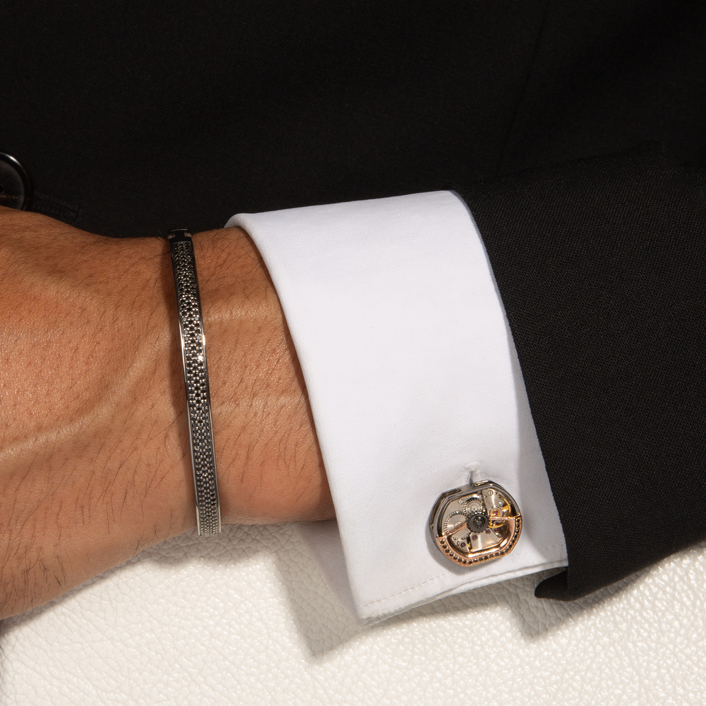 Diamond Tonneau Skeleton Cufflinks in Rhodium and Rose Gold Silver with Watch Movement (Limited Edition)