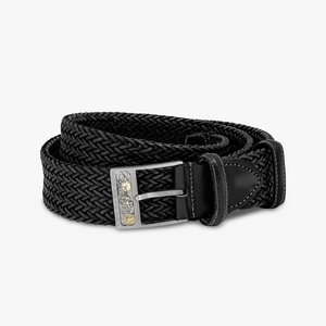 Gear Buckle belt in woven black leather (UK) 1