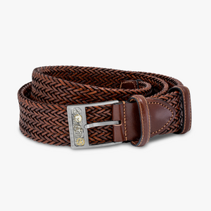 Gear Buckle belt in woven brown leather (UK) 1
