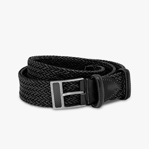 T-Buckle belt in woven black leather (UK) 1