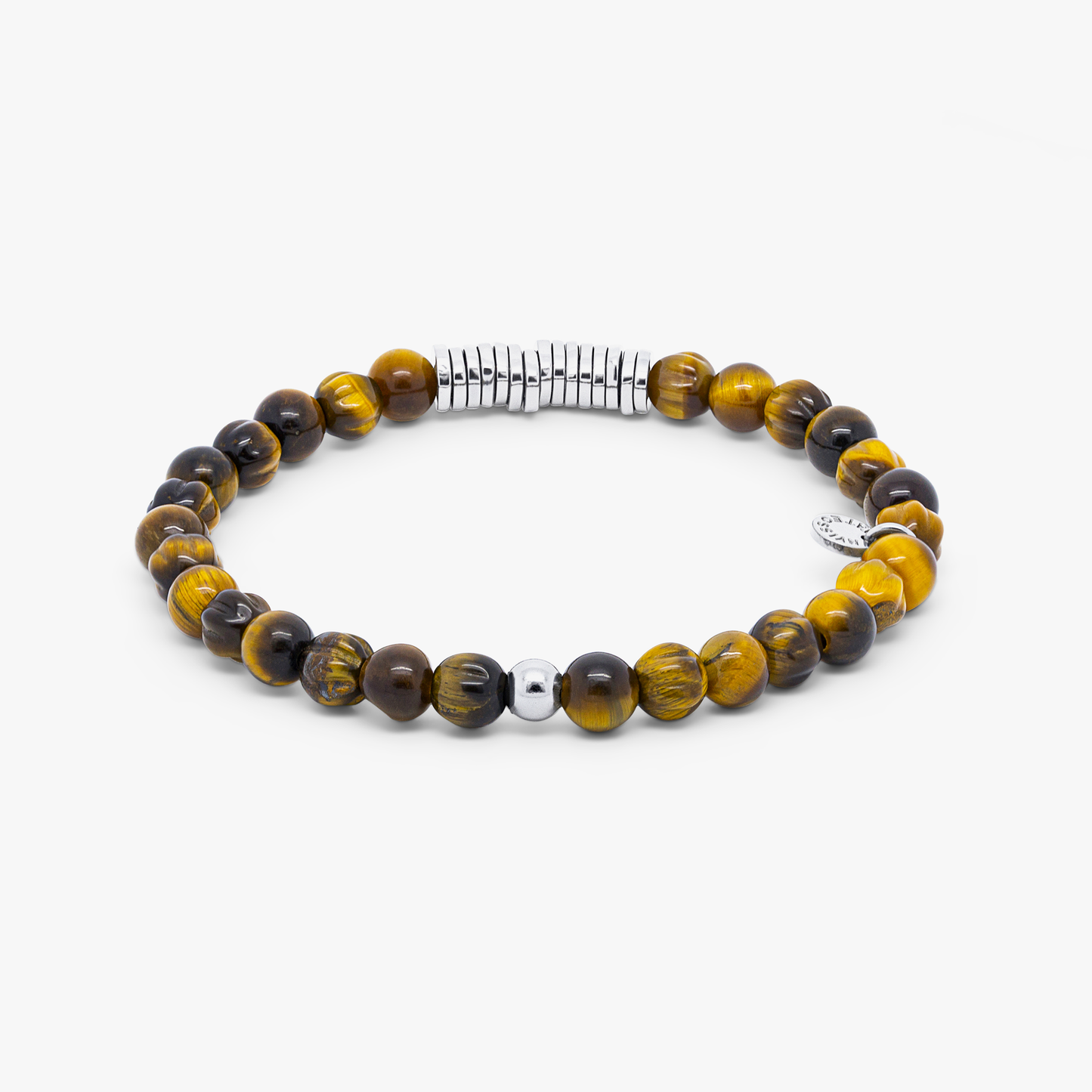 Classic Discs Beaded Bracelet In Rhodium Plated Silver With Brown Tiger Eye