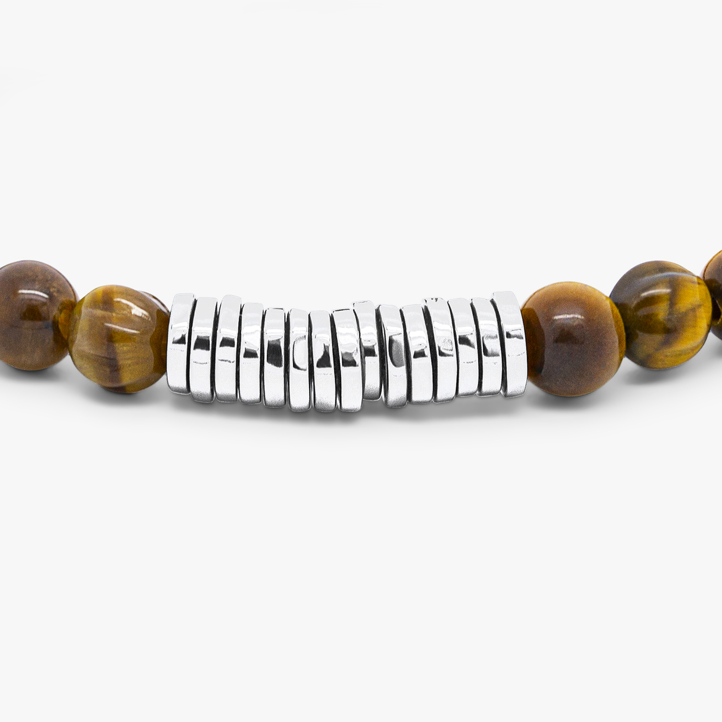 Classic Discs Beaded Bracelet In Rhodium Plated Silver With Brown Tiger Eye