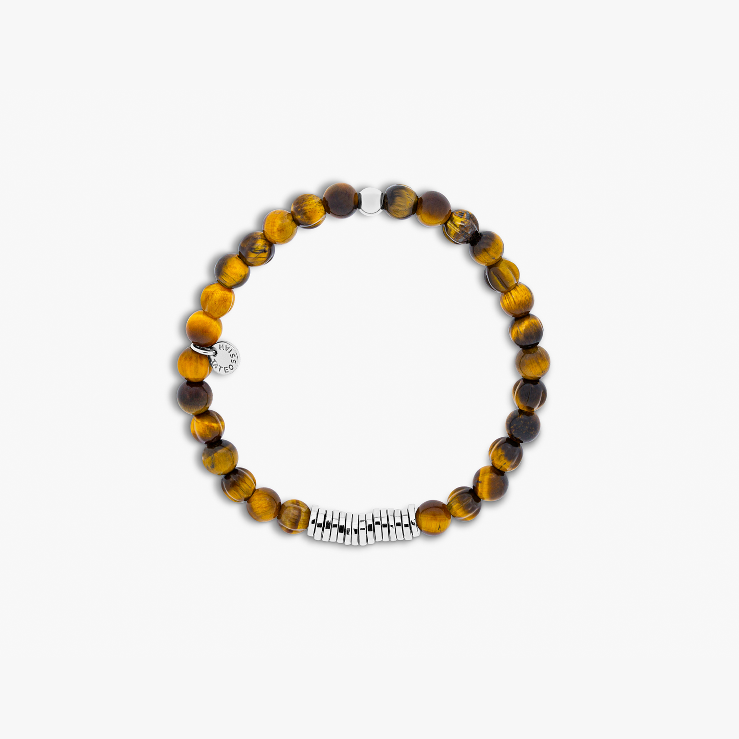 Classic Discs Beaded Bracelet In Rhodium Plated Silver With Brown Tiger Eye