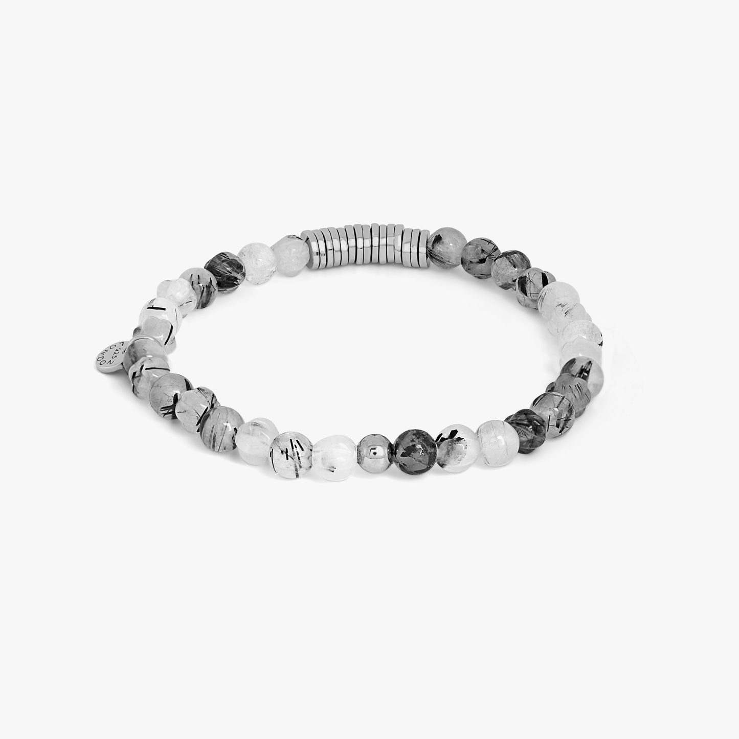 Classic Discs Beaded Bracelet  In Rhodium Plated Silver With Black Rutilated Quartz