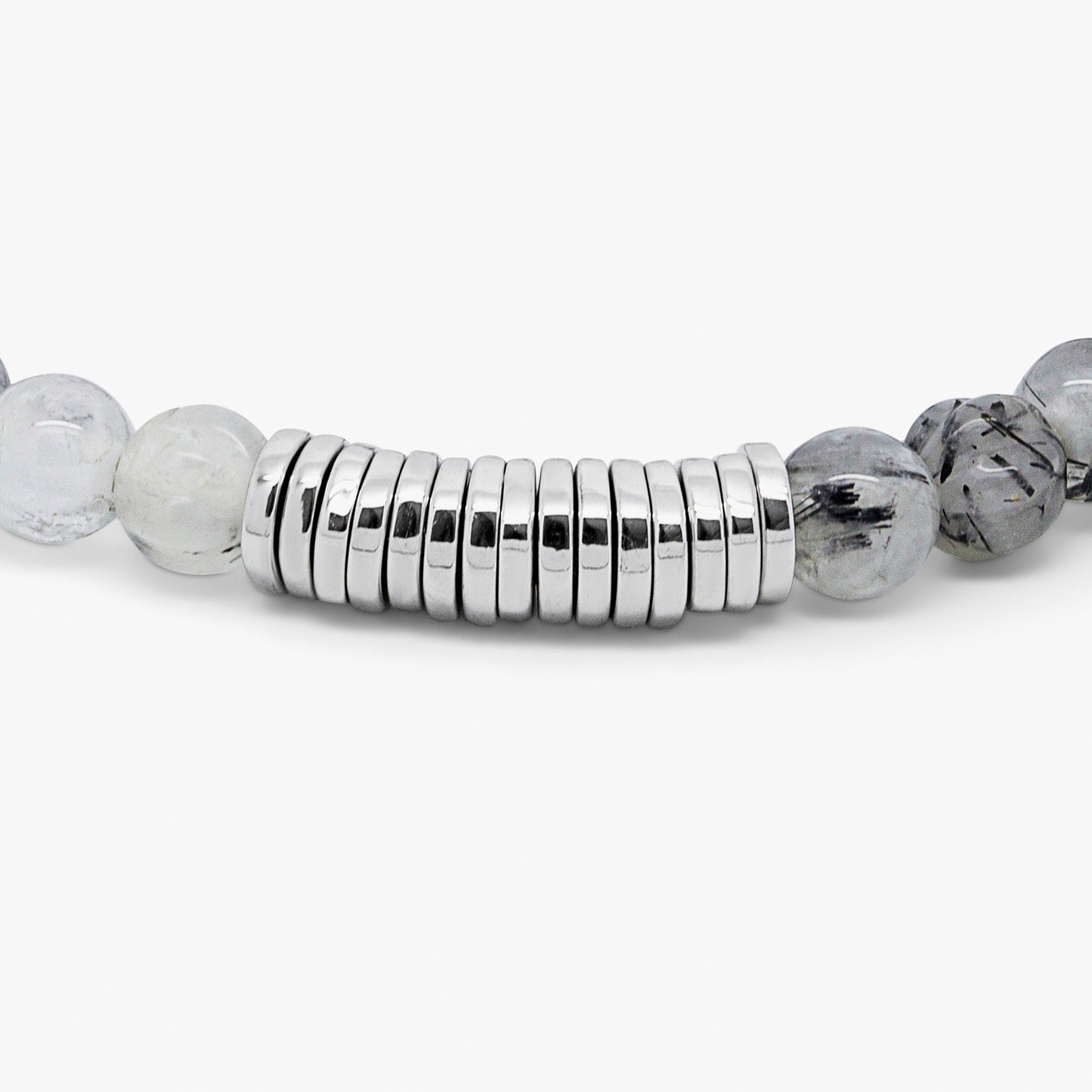 Classic Discs Beaded Bracelet  In Rhodium Plated Silver With Black Rutilated Quartz