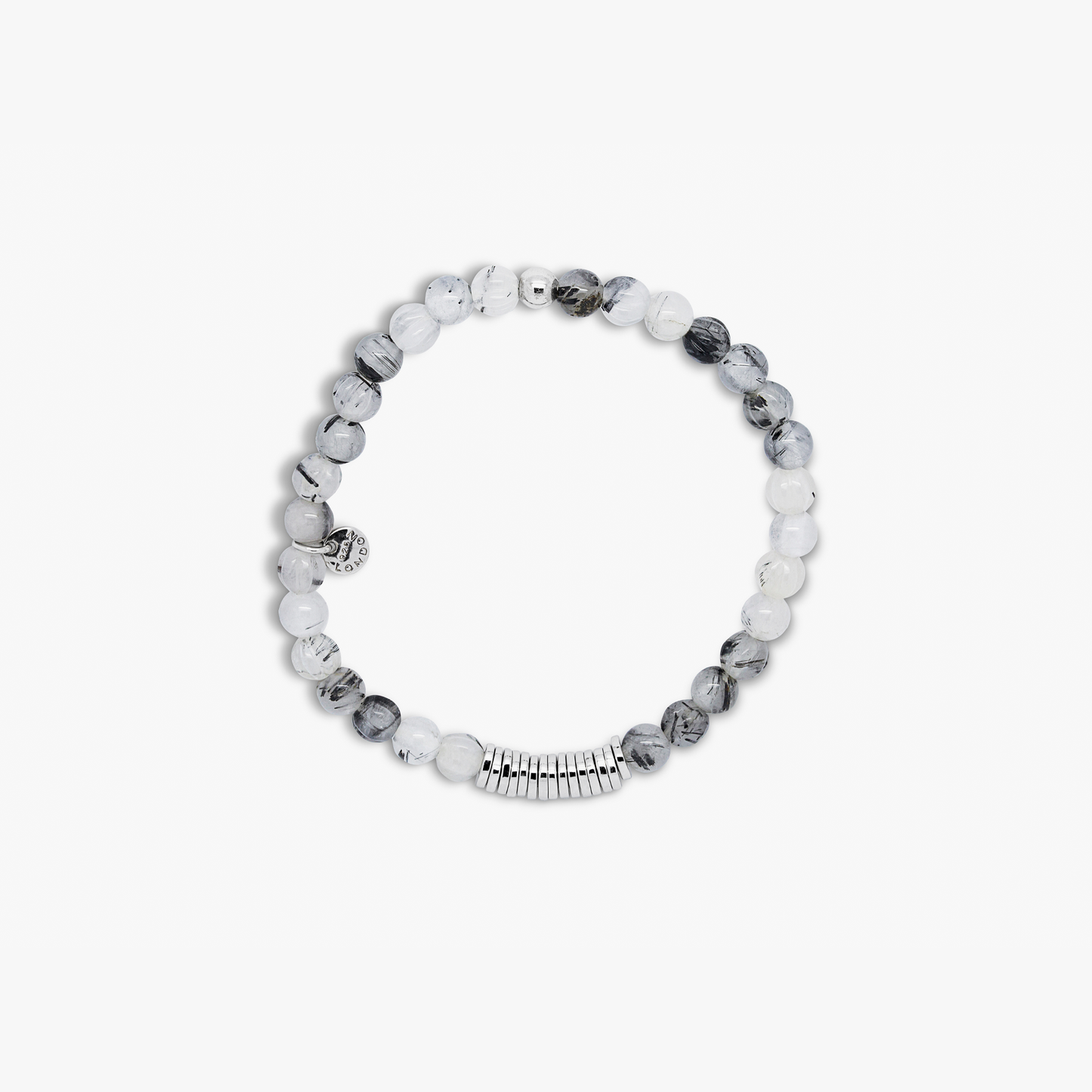 Classic Discs Beaded Bracelet  In Rhodium Plated Silver With Black Rutilated Quartz