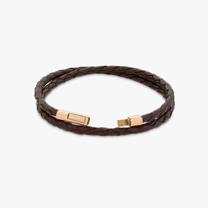Tubo Scoubidou double wrap bracelet in brown leather with 18k rose gold (UK) 4