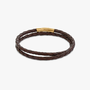 Tubo Scoubidou double wrap bracelet in brown leather with 18k yellow gold (UK) 3