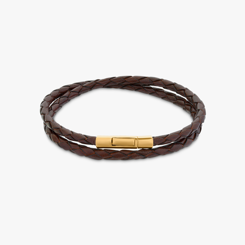 Tubo Scoubidou double wrap bracelet in brown leather with 18k yellow gold (UK) 1