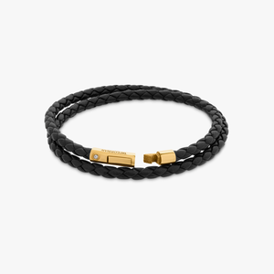 Tubo Scoubidou double wrap bracelet in black leather with 18k yellow gold and diamond (UK) 4