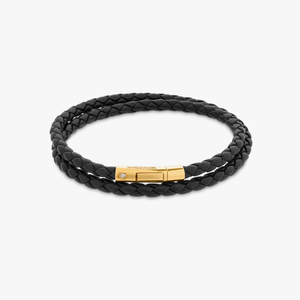 Tubo Scoubidou double wrap bracelet in black leather with 18k yellow gold and diamond (UK) 1