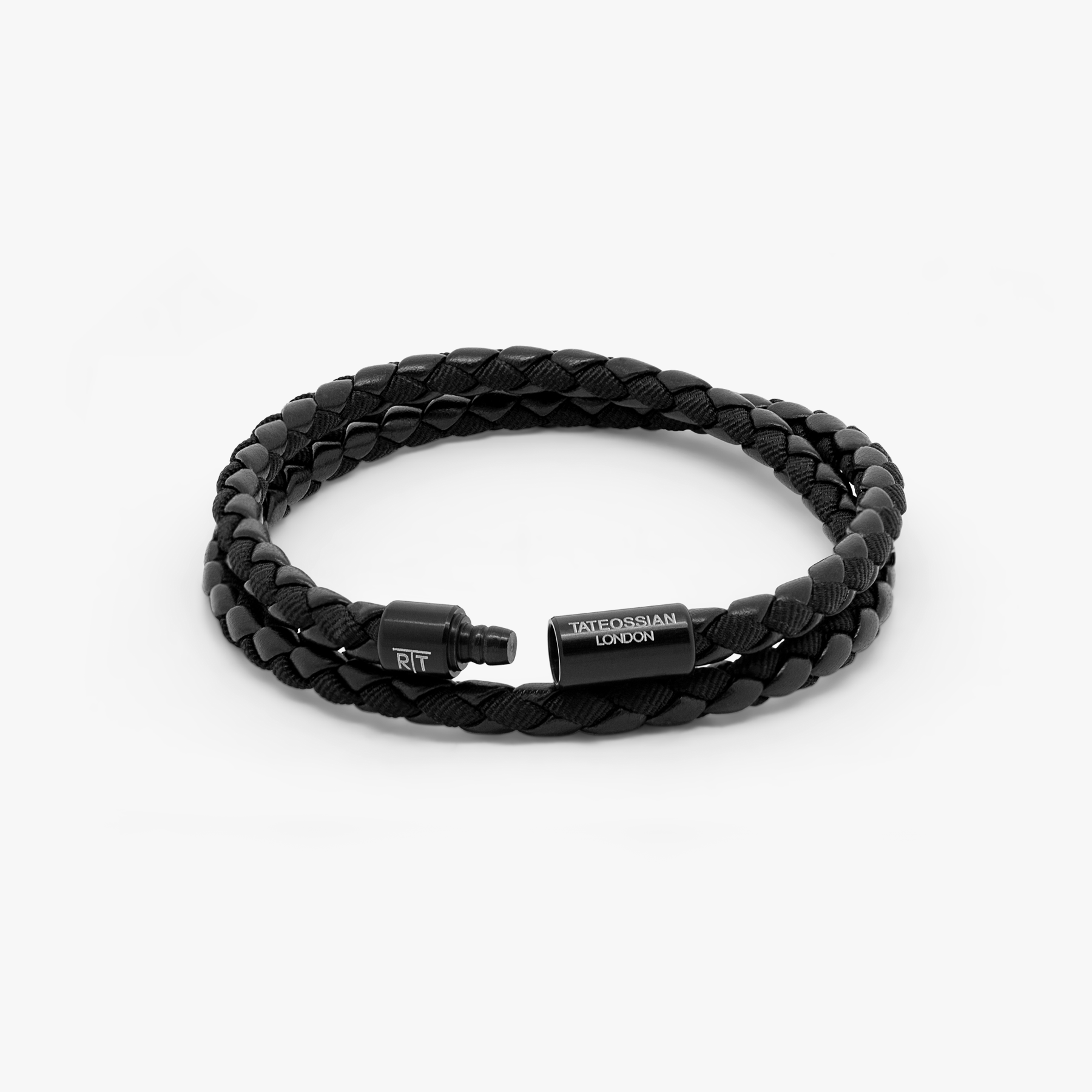 Chelsea Leather Bracelet In Black With Aluminium Clasp showing black braided leather with black anodised aluminium pop clasp.