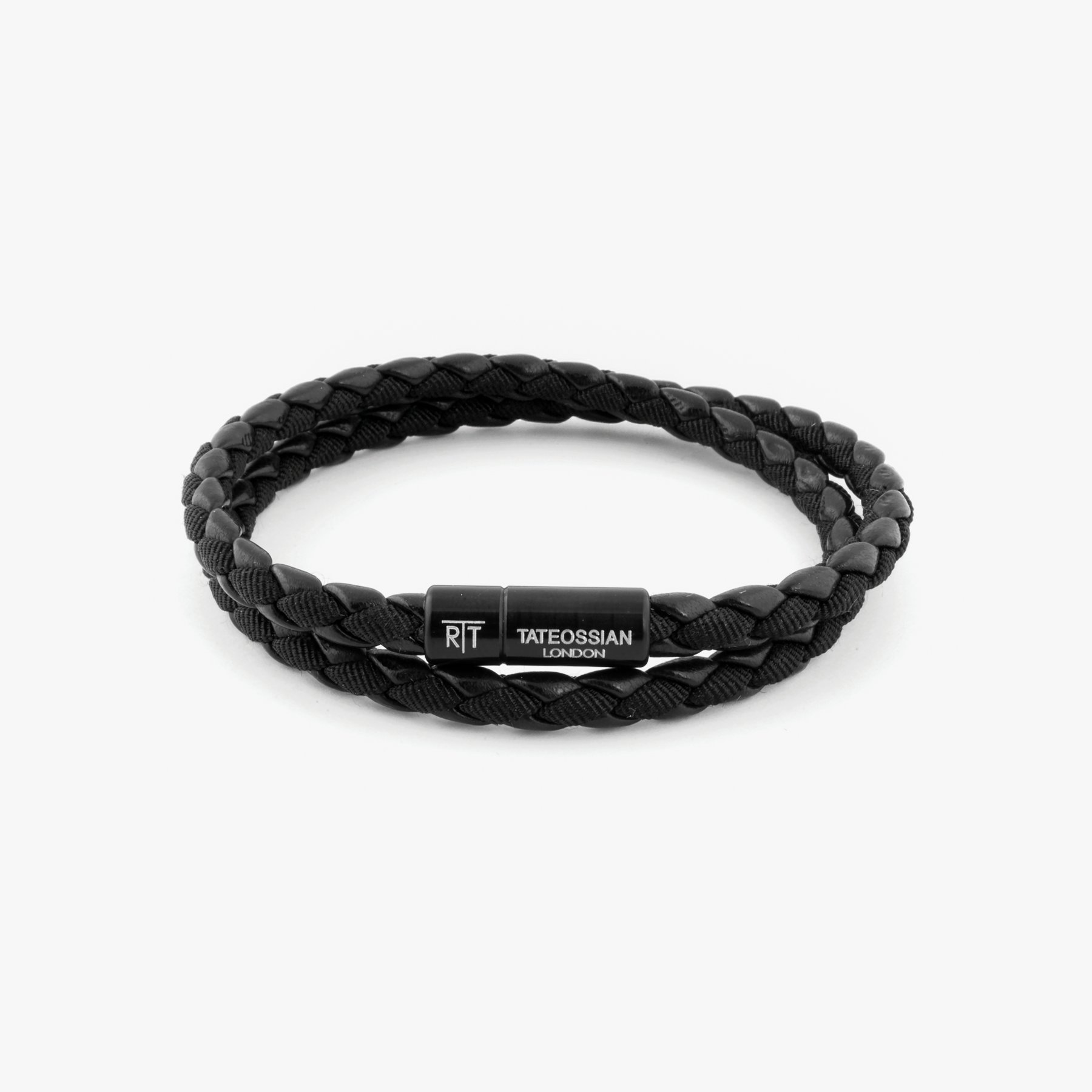 Chelsea Leather Bracelet In Black With Aluminium Clasp showing braided black leather and fabric with engraved black anodised aluminium clasp.