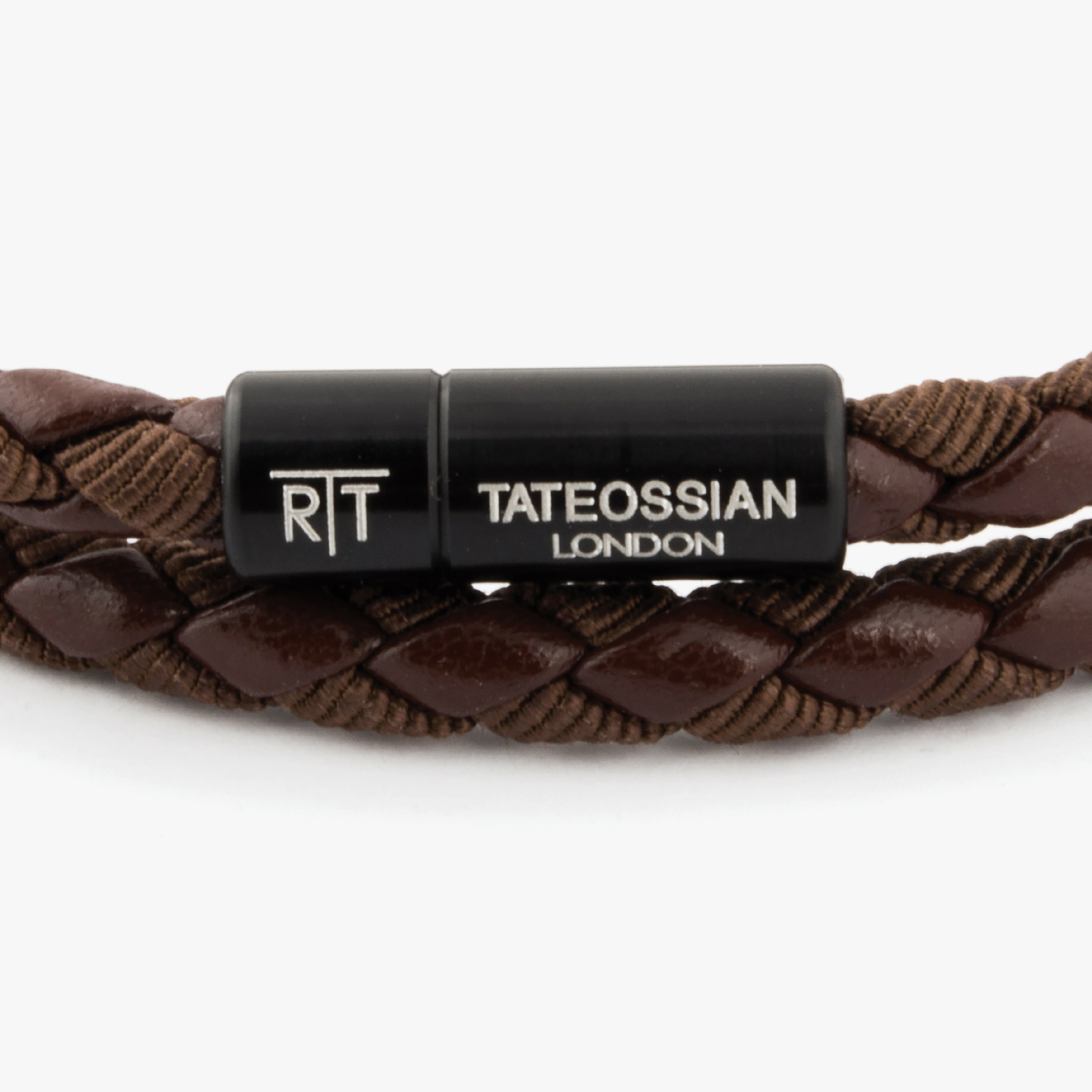 Chelsea Leather Bracelet In Brown With Aluminium Clasp featuring braided leather and rayon with black anodised aluminium pop clasp engraved Tateossian logo.