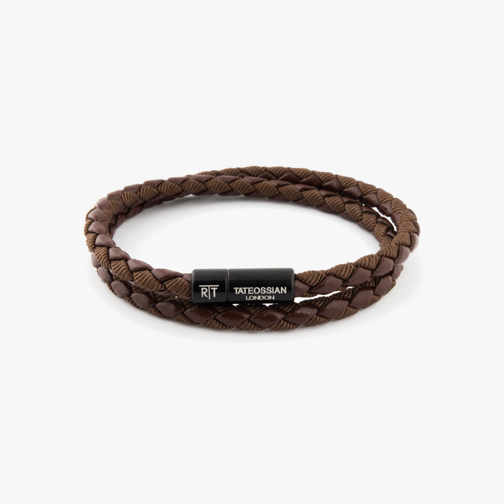 Chelsea Leather Bracelet In Brown With Aluminium Clasp featuring braided fabric and leather with black anodised aluminium clasp.