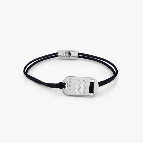 Silver Aquarius bracelet with black cord