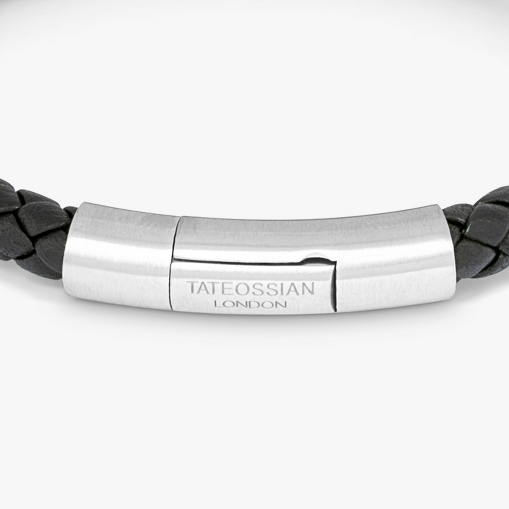 Charles Click Pelle Bracelet In Rhodium & Black Leather – Tateossian