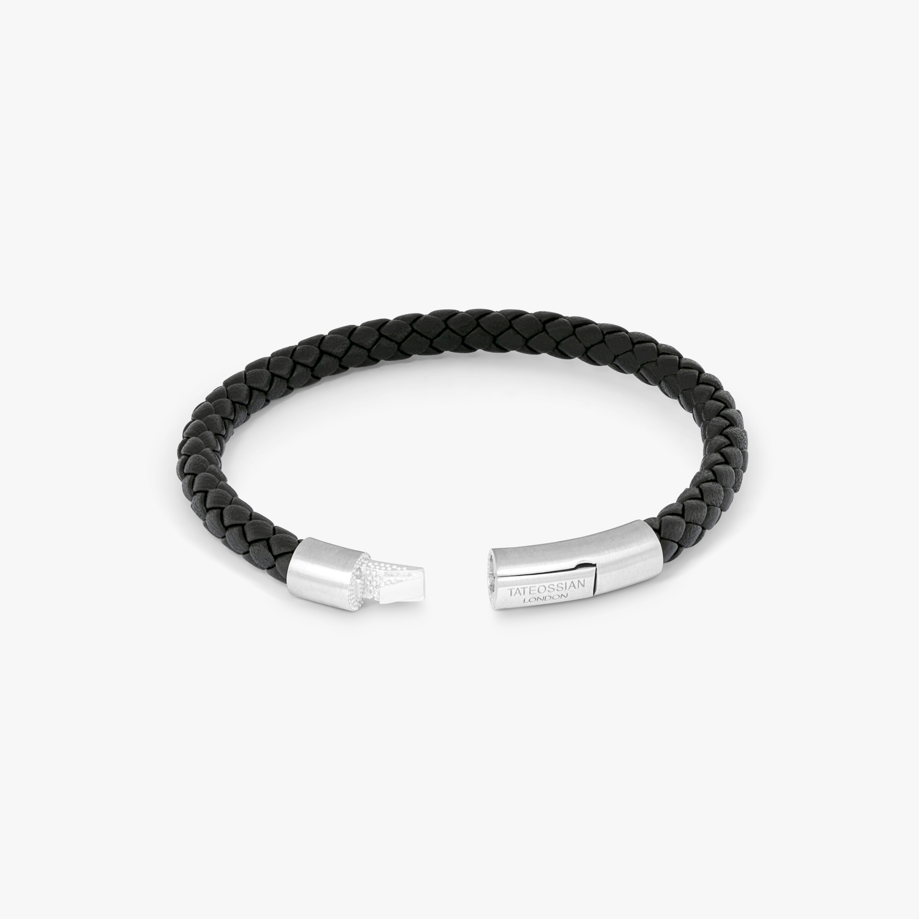 Charles Leather Bracelet In Black, tightly woven Italian leather with matte rhodium plated sterling silver clasp open.