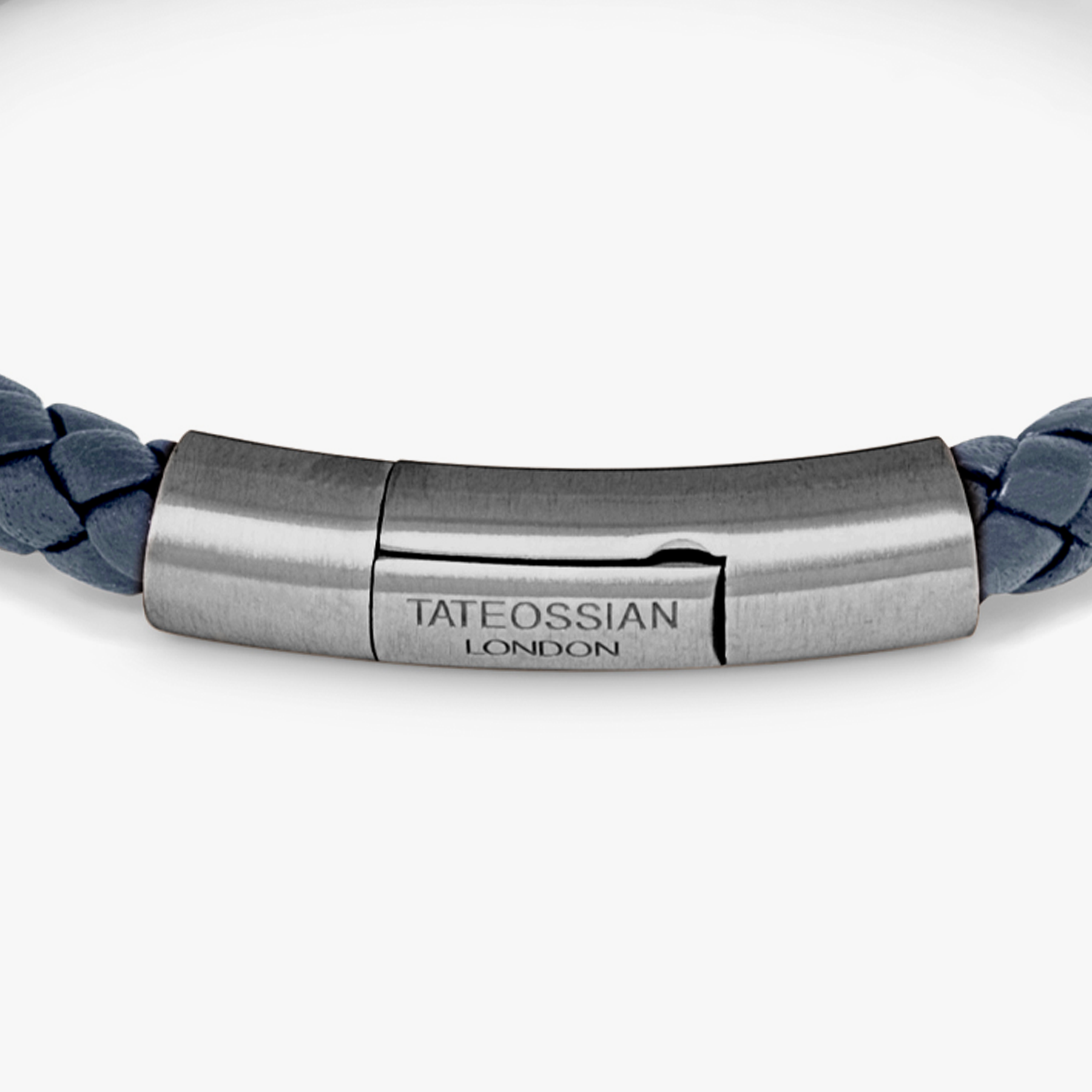 Charles Leather Bracelet In Navy with tightly woven Italian leather and black ruthenium plated sterling silver clasp