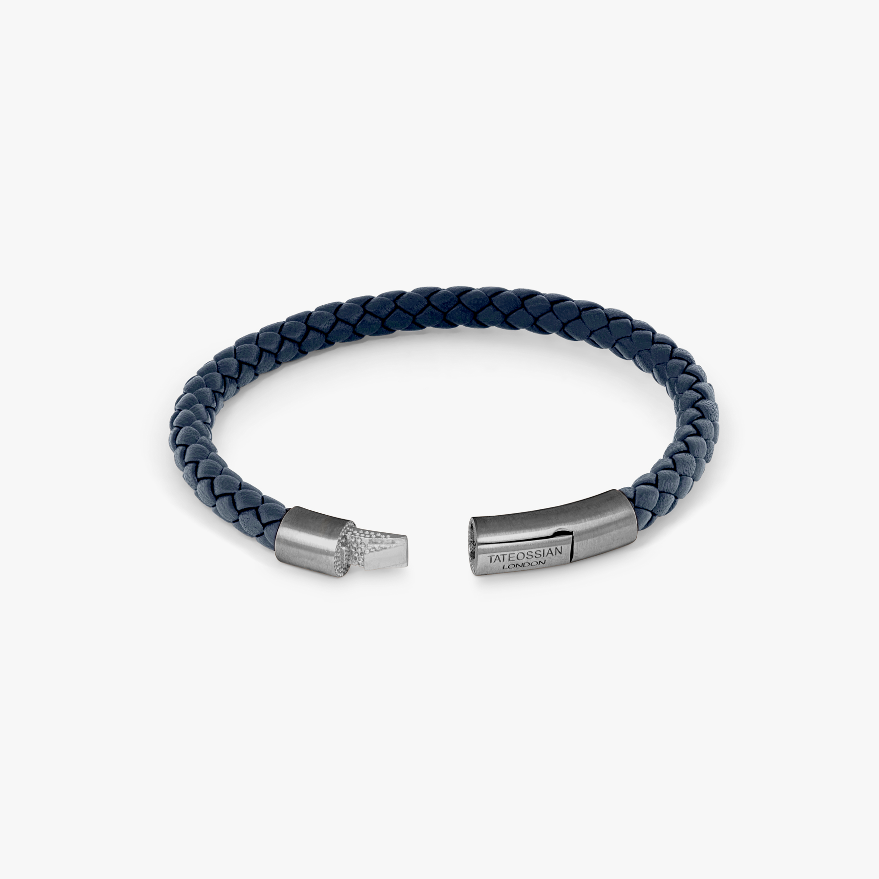 Charles Leather Bracelet In Navy with tightly woven Italian leather and black ruthenium plated sterling silver clasp.