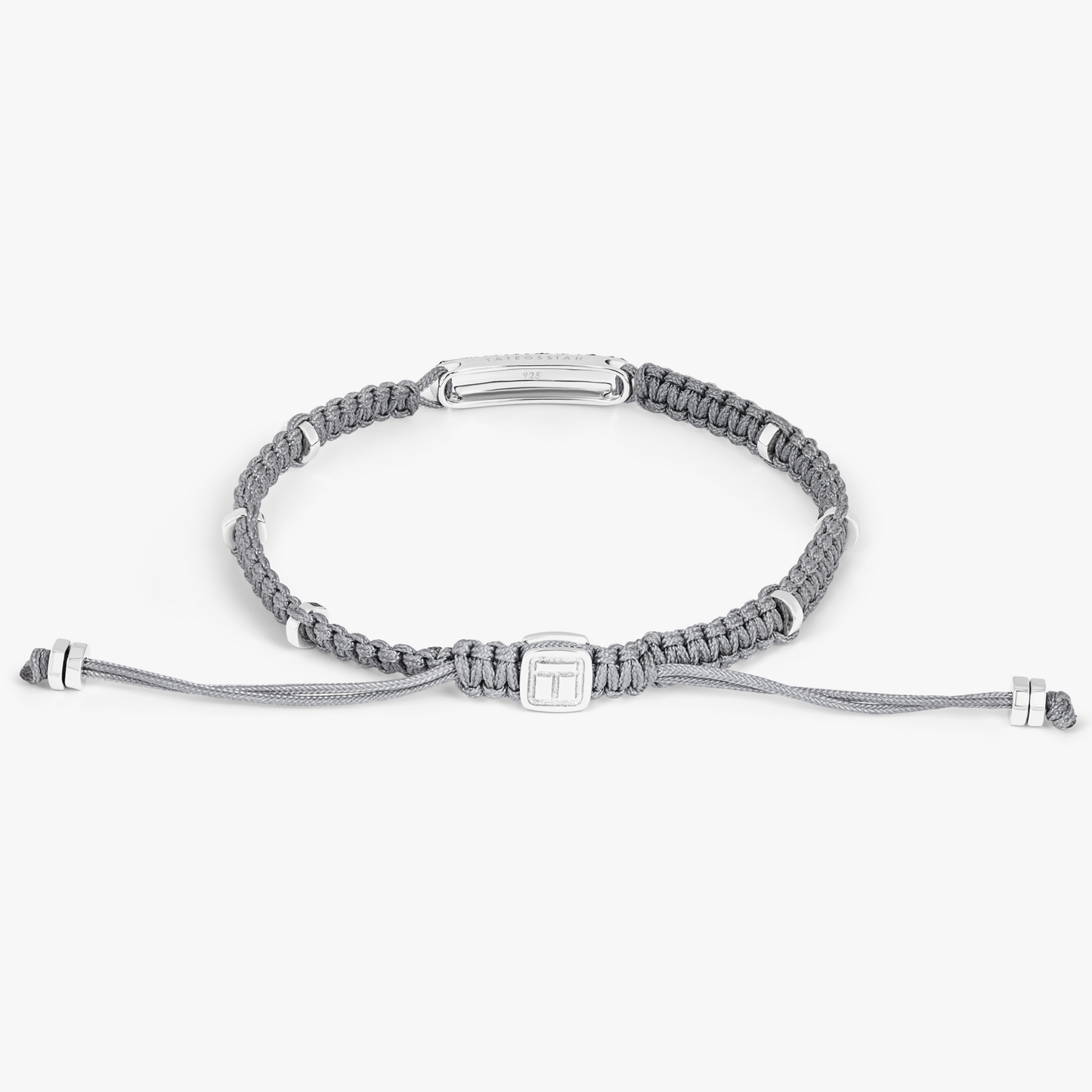 Black Diamond Baton Bracelet in Rhodium Plated Silver with Grey Macrame