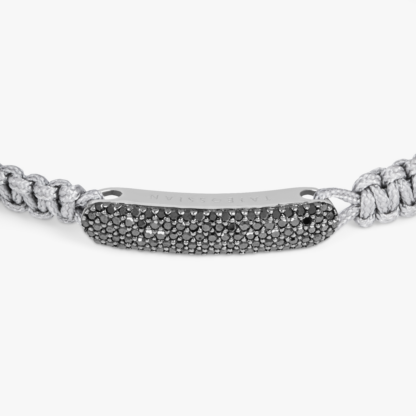 Black Diamond Baton Bracelet in Rhodium Plated Silver with Grey Macrame