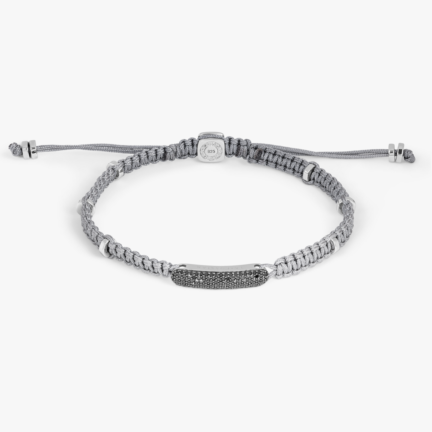 Black Diamond Baton Bracelet in Rhodium Plated Silver with Grey Macrame