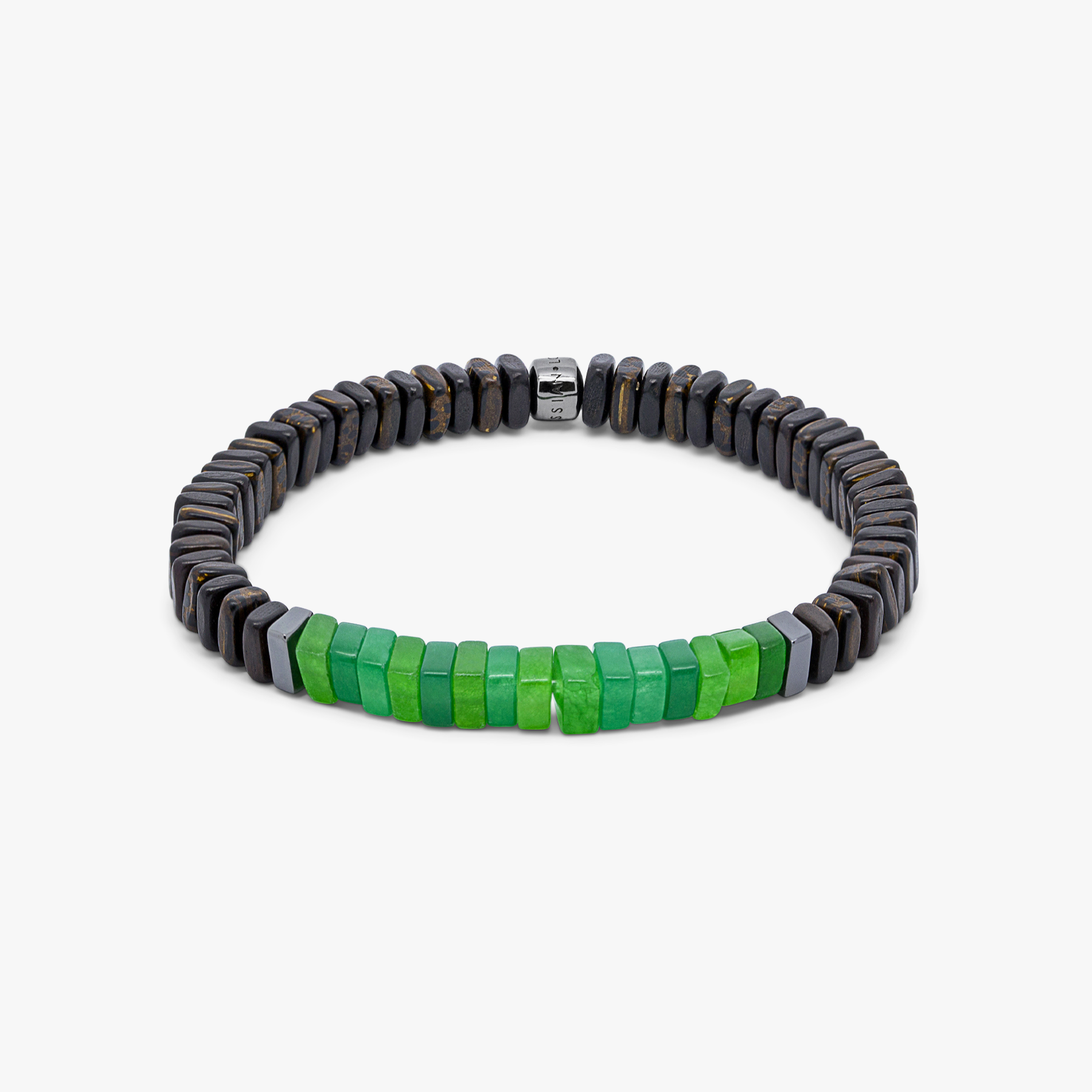 Legno bracelet in green quartz, palm and ebony wood with black rhodium plated sterling silver (UK) 1