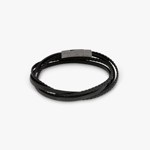 Mini Click Fettuccine Multi-Strand Bracelet In Black Leather With Ruthenium Plated Silver