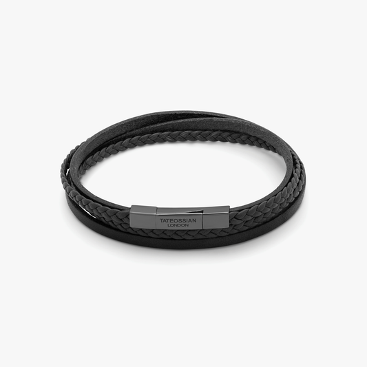 Mini Click Fettuccine Multi-Strand Leather Bracelet In Black