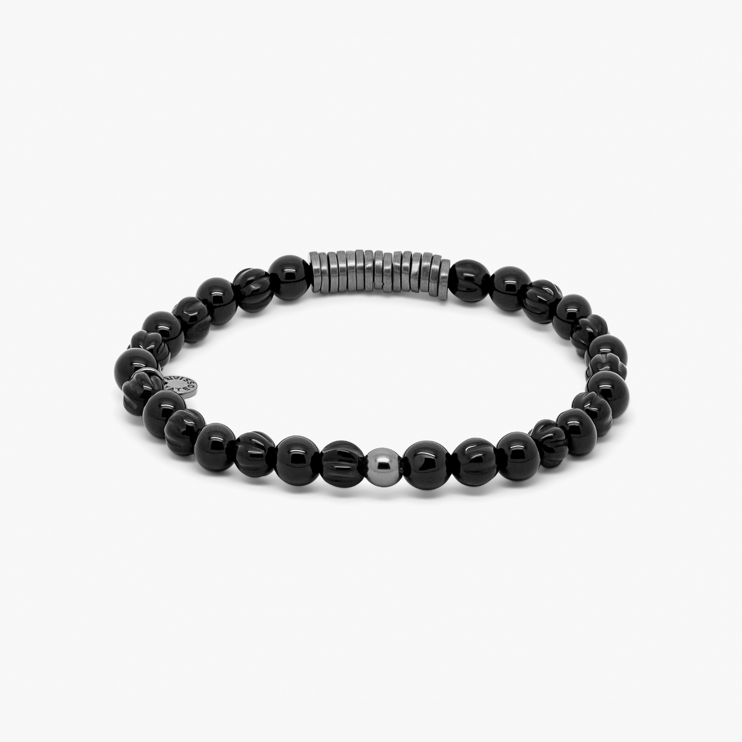 Classic Discs Beaded Bracelet With Black Agate In Black Ruthenium