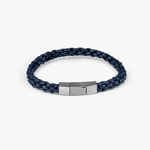 Click Trenza bracelet in Italian navy leather with black rhodium plated sterling silver (UK) 1