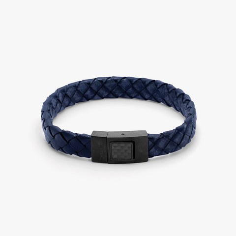 Carbon Woven bracelet in Italian navy leather with carbon fibre and stainless steel
