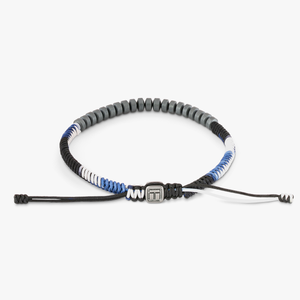 King Kong bracelet with black, blue and white macrame and hematite
