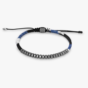 King Kong bracelet with black, blue and white macrame and hematite