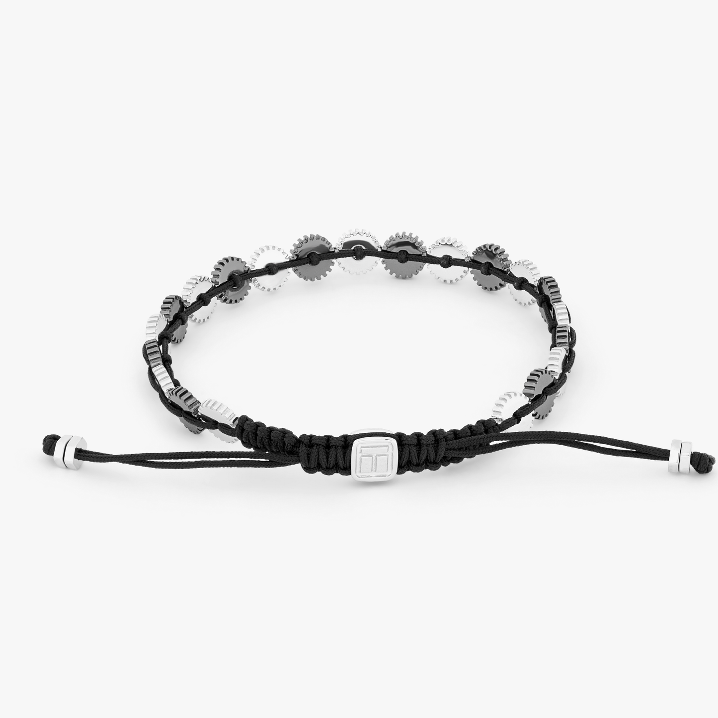 Mini 21 Gear bracelet with black macrame in rhodium and black rhodium plated silver