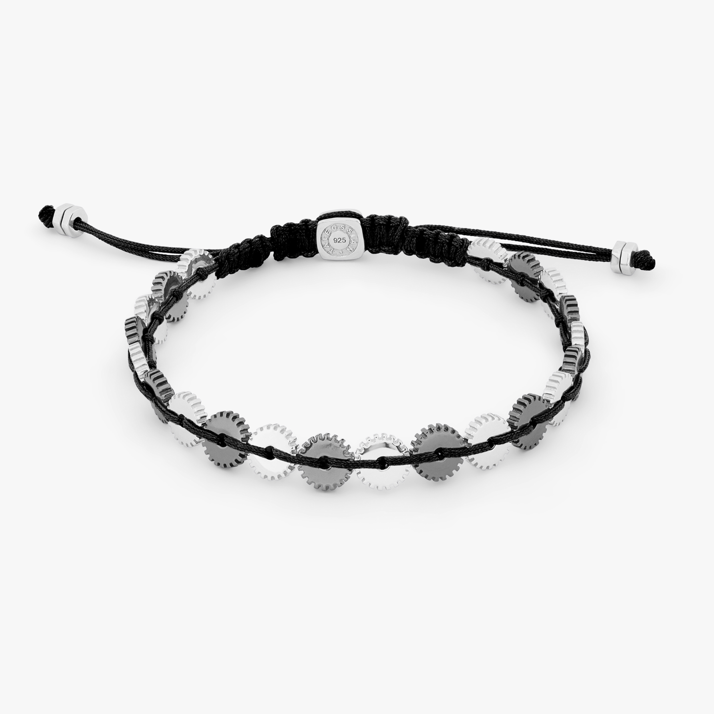 Mini 21 Gear bracelet with black macrame in rhodium and black rhodium plated silver