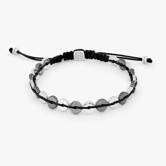 Mini 21 Gear bracelet with black macrame in rhodium and black rhodium plated silver