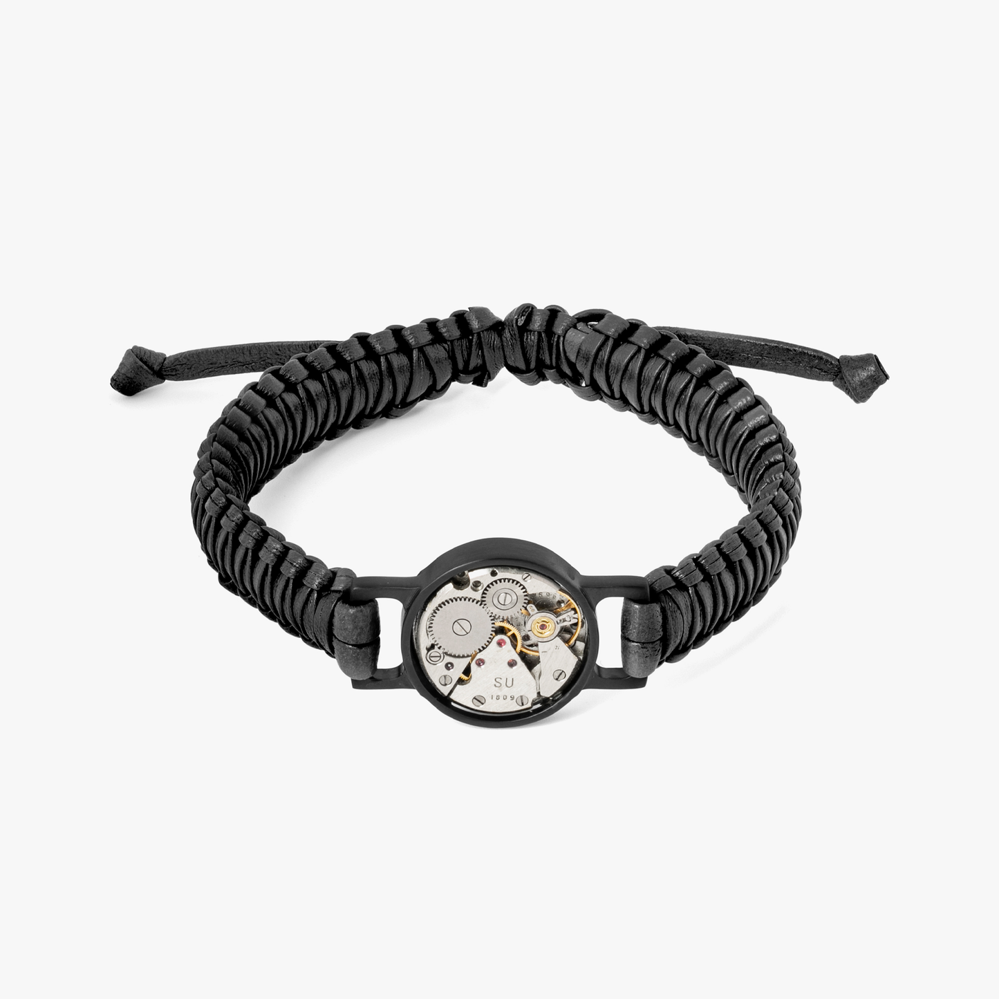 Round Skeleton bracelet in black leather and black IP plated steel