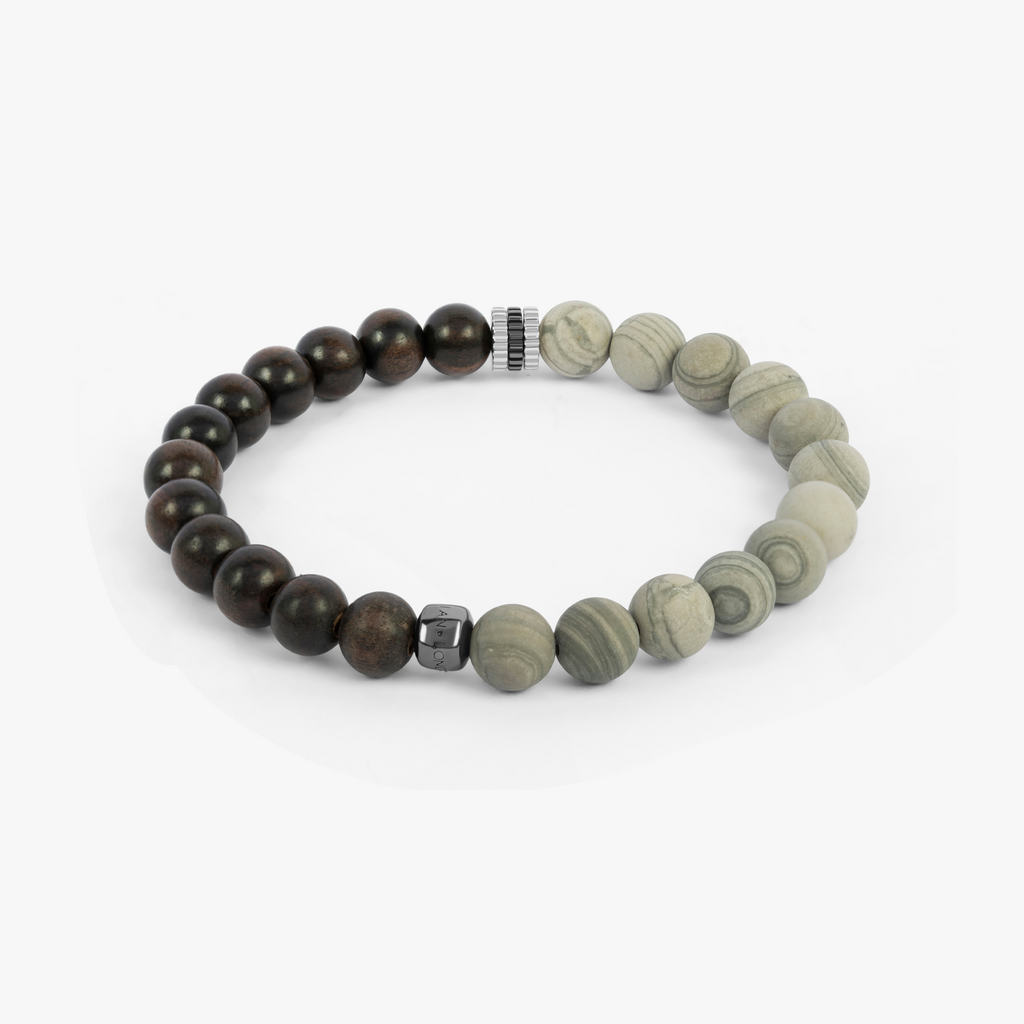 Nature bracelet with ebony wood and grey jasper in rhodium plated silver (UK) 3