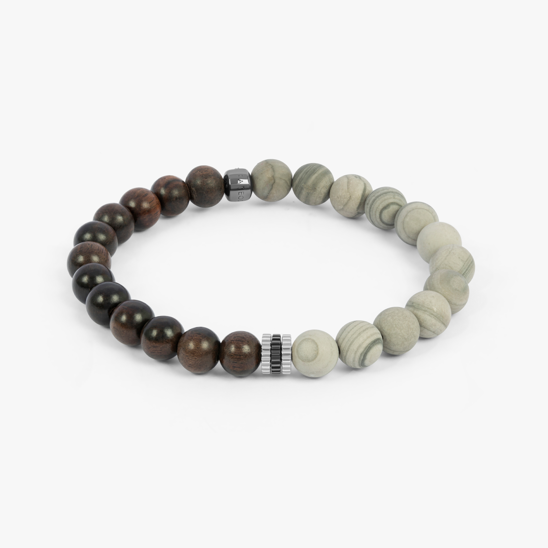 Gear Trio Beaded Bracelet Rhodium Plated Silver Ebony & Wood Jasper