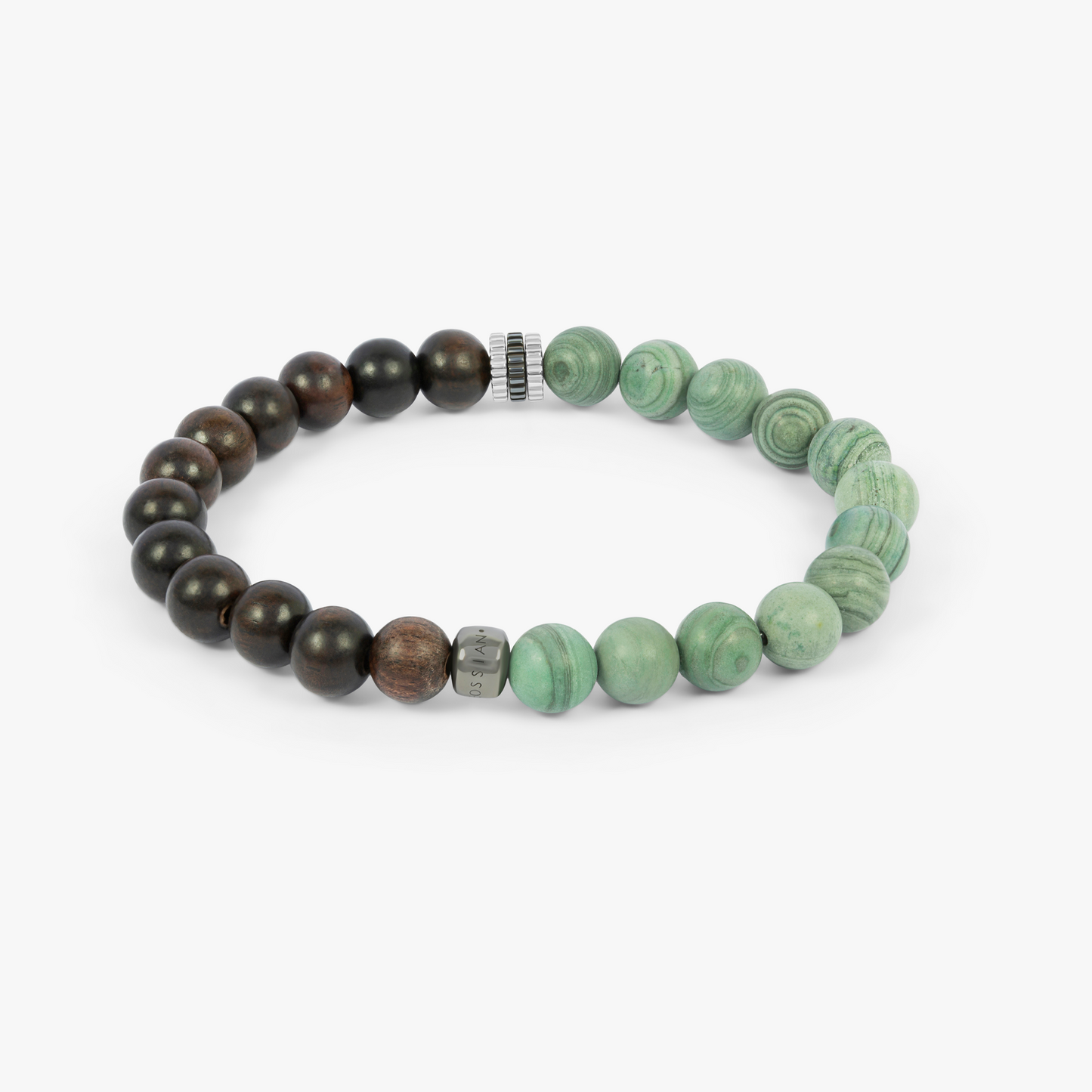 Gear Trio Beaded Bracelet In Rhodium Plated Silver With Ebony Wood and Green Jasper