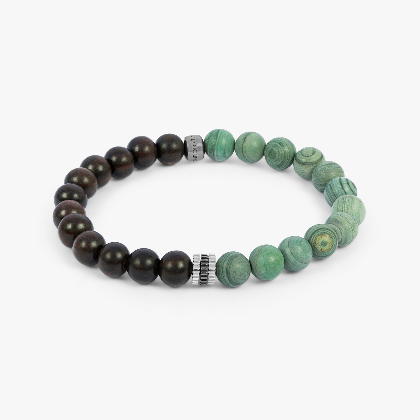 Gear Trio Beaded Bracelet In Rhodium Plated Silver With Ebony Wood and Green Jasper