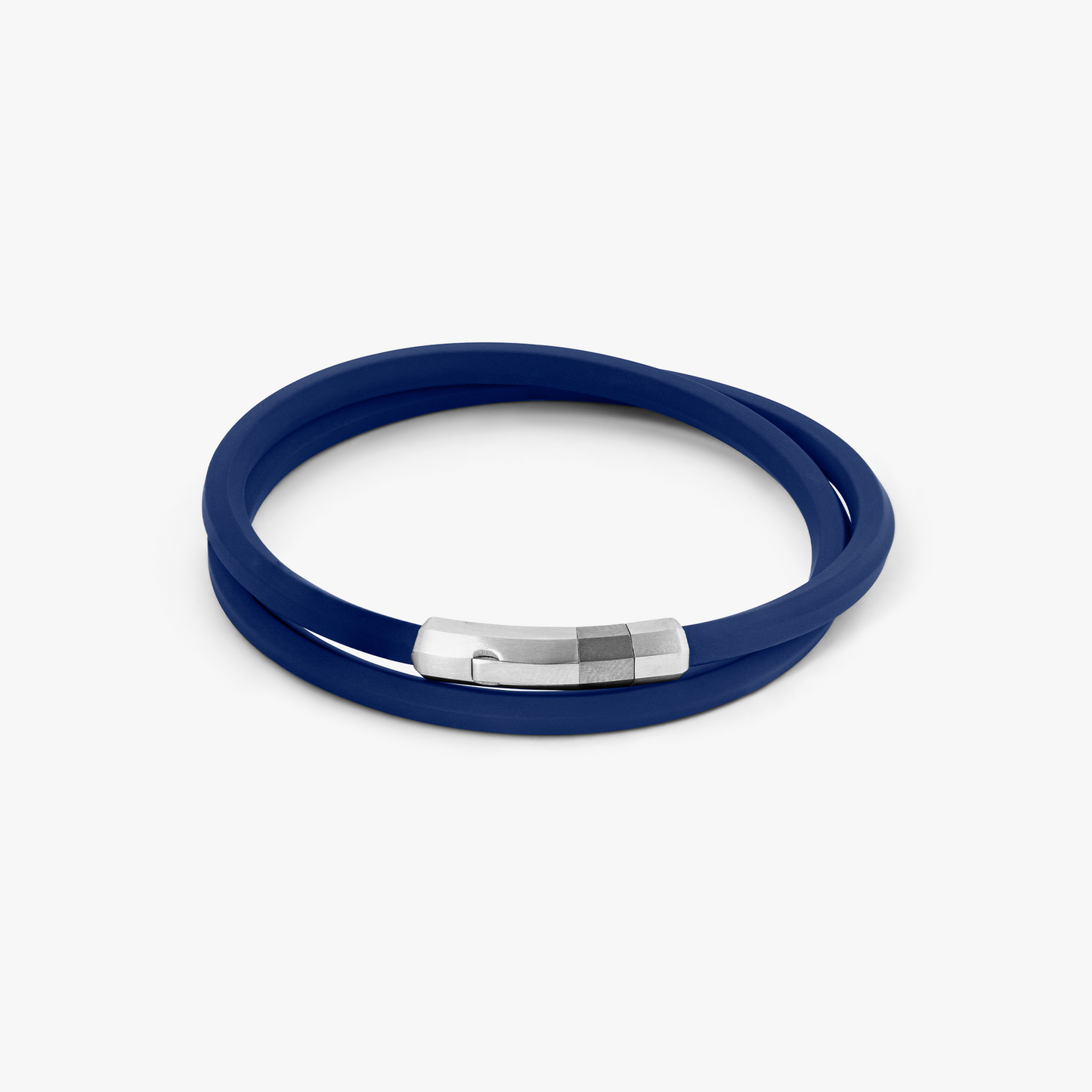 Blue rubber Octagon click bracelet with rhodium-plated sterling silver