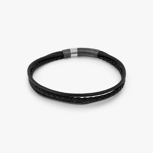 Ruthenium plated sterling silver Gear Click bracelet with black leather